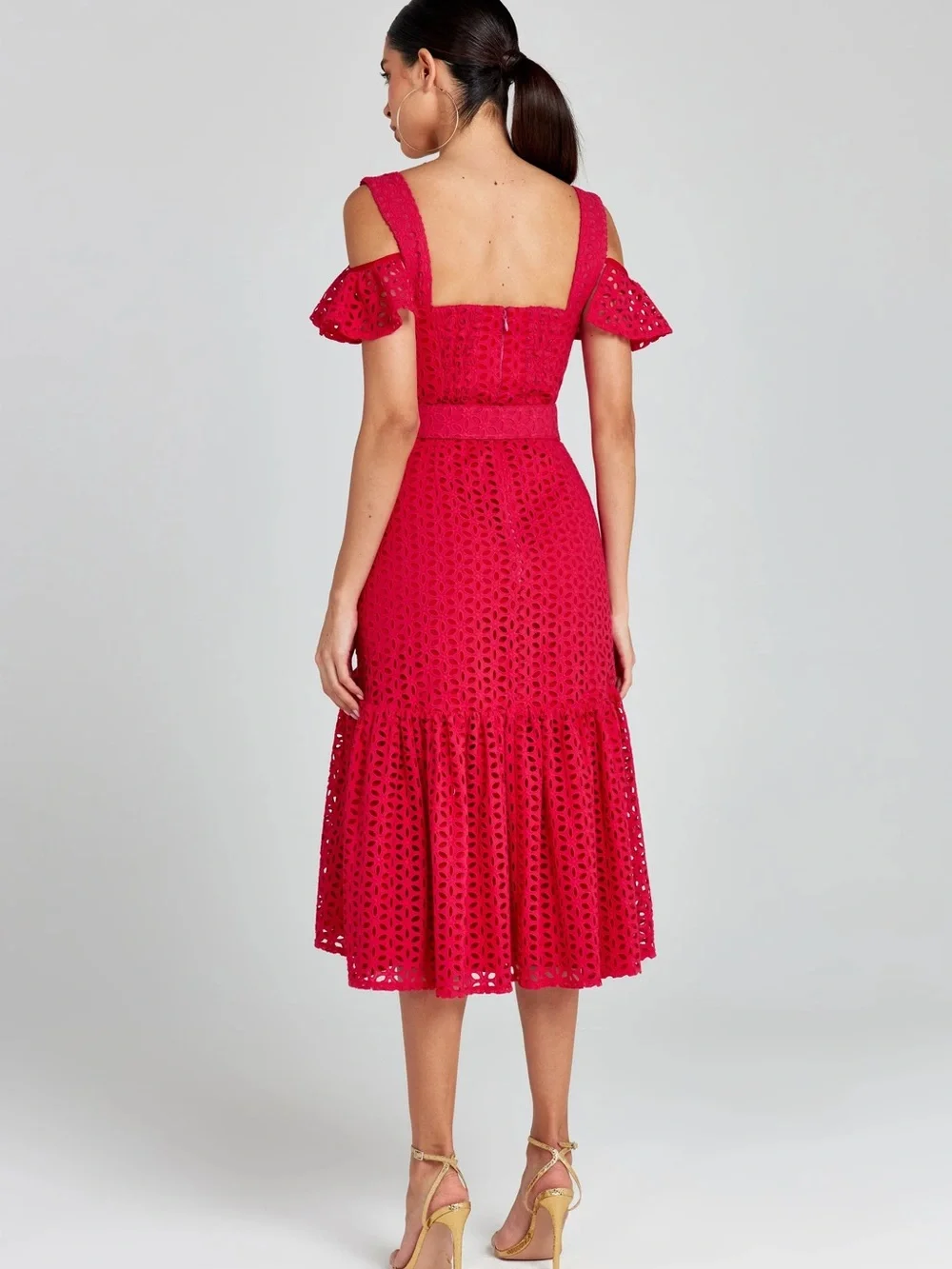 NADINE MERABI Julia Red Eyelet Midi Dress, Belt and Removable shoulder ruffles
